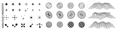 Y2K big collection of graphic shapes and 3d vector forms, 00s aesthetic graphic design elements set.