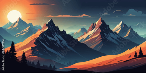 Abstract nature landscape showcasing mountains, valleys, and serene evening atmosphere