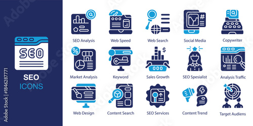 SEO Icon set. Containing traffic, google, engine, organic, backlink and more. Solid vector icons collection. Vector illustration.