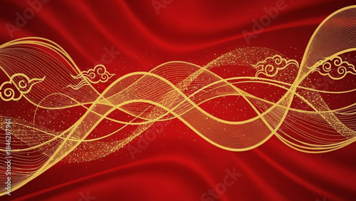 Elegant gold filigree patterns on a luxurious red satin fabric background texture