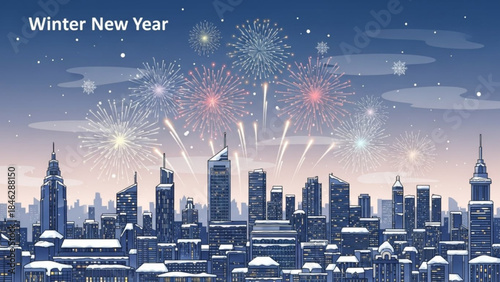 Winter new year celebration with fireworks over a city skyline at dusk with snow