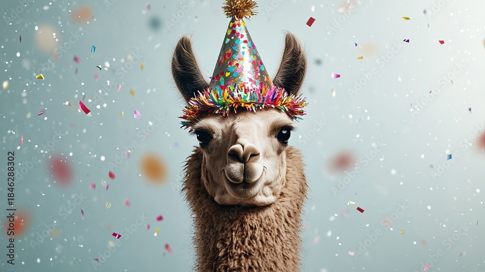 Fototapeta premium A llama sporting a party hat decorated with confetti, posing with a playful expression. .