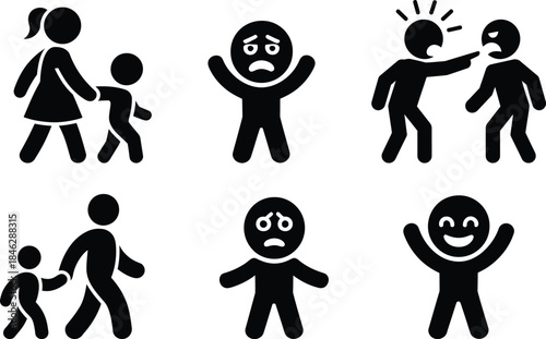 A collection of stick figure icons depicting family, conflict, and emotional states like happiness and sadness