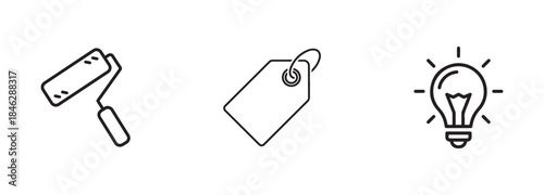 Paint Roller, Price Tag, and Light Bulb Outline Vector Icons