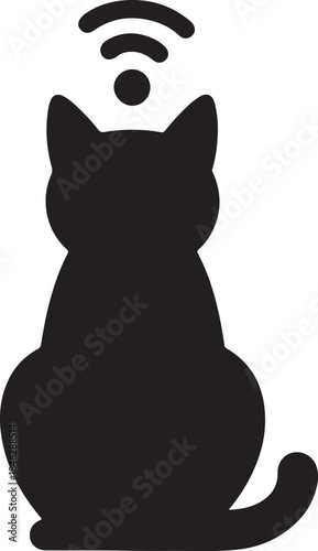 A black silhouette of a sitting cat viewed from behind, featuring a wireless signal icon above its head on a white background. This simple graphic combines feline imagery with technology.