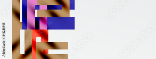 Abstract colorful shapes overlap, creating dynamic composition. Brown, purple, pink hues dominate white background. Modern design.