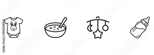 Black Line Icons Set of Baby Essentials: Bodysuit, Food, Mobile, and Bottle