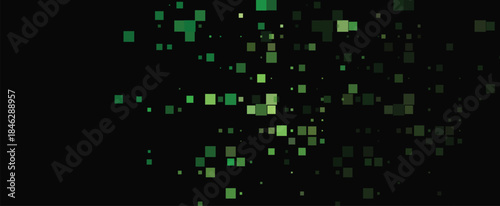 Abstract Green Squares on Black, Pixelated Geometric Pattern, Minimalist Design for Digital Backgrounds, adds a techy, modern feel to web design or presentations