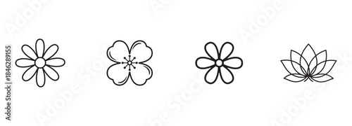 Simple Flower Icons Line Art Set. Daisy, Cherry Blossom, Lotus Minimal Doodle Collection