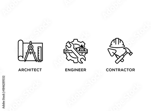 Architect Engineer Contractor Minimal Bold Line Icon Set