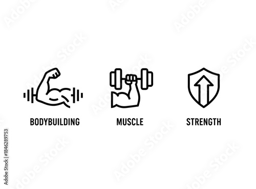 Bodybuilding Muscle Strength Minimal Bold Line Icon Set