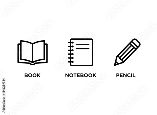 Book Notebook Pencil Minimal Bold Line Icon Set