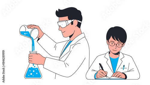 Scientists Conducting Laboratory Experiments with Chemical Solutions and Safety Equipment