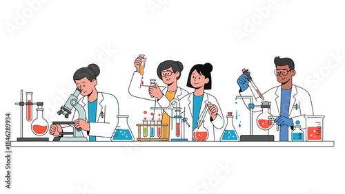 Group of diverse scientists working together in a laboratory conducting experiments with various