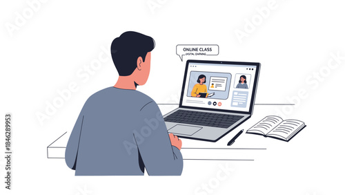 Young man attending online class with laptop and study materials for remote education