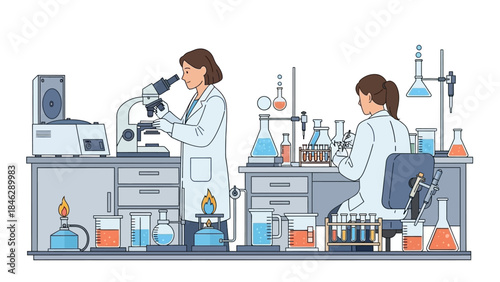 Scientists Conduct Laboratory Experiments Using Microscopes and Test Tubes in a Well-Equipped