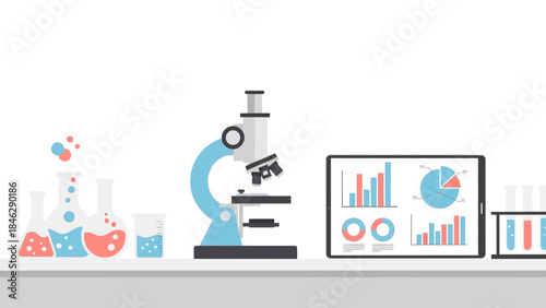Laboratory Science and Research Equipment with Chemistry Glassware and Data Analysis on Digital