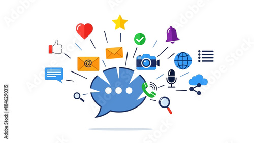 Digital communication icons representation with various multimedia and social media symbols