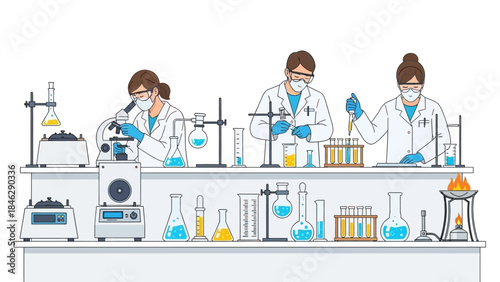 Scientists Conducting Laboratory Experiments with Modern Equipment and Safety Measures
