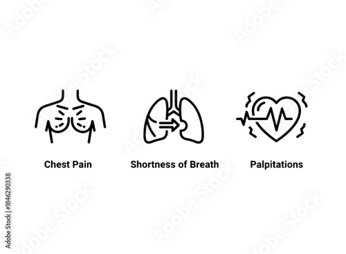 Chest Pain Shortness of Breath Palpitations Minimal Bold Line Icon Set