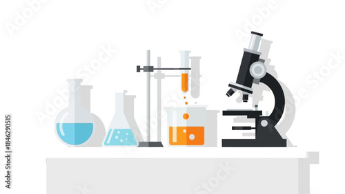 laboratory equipment with test tubes beaker and microscope for science research and experimental