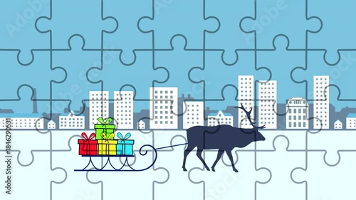 A jigsaw puzzle with winter cityscape and reindeer delivering gifts, Christmas animation