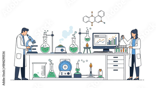 scientists conducting laboratory experiments with chemical reactions and molecular structures