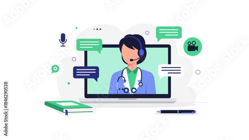 Virtual Healthcare Consultation with Doctor Using Computer and Headset for Telemedicine Service