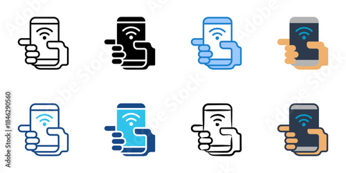 Hand holding phone icons set multiple style vector collection. 
