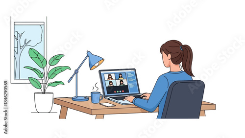 Woman Working from Home on Video Conference Using Laptop in a Cozy Office Space