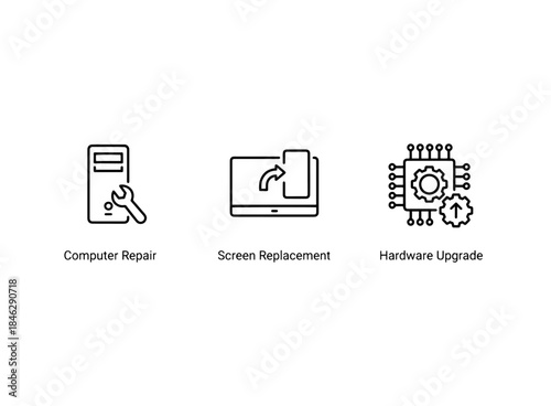 Computer Repair Screen Replacement Hardware Upgrade Minimal Bold Line Icon Set
