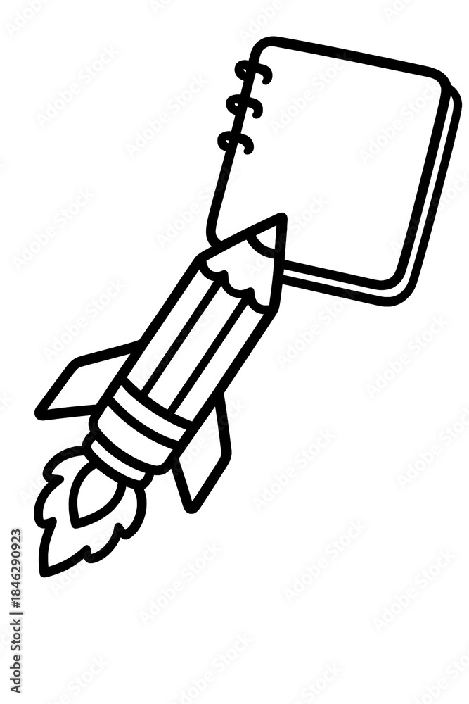 Obraz premium Creative Writing Rocket Icon with Pencil and Notebook Line Art Concept for Idea Startup Education Content Creation Inspiration Design Symbol