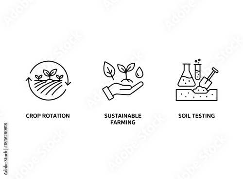 Crop Rotation Sustainable Farming Soil Testing Minimal Bold Line Icon Set