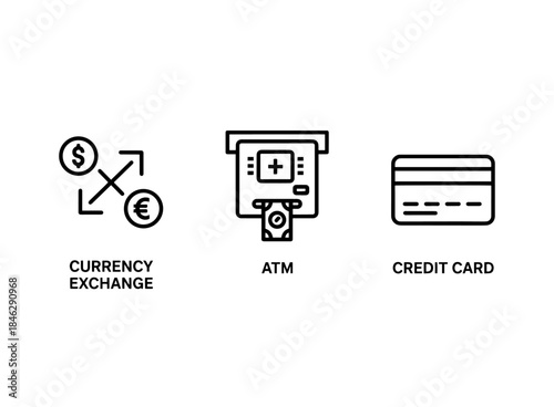 Currency Exchange ATM Credit Card Minimal Bold Line Icon Set