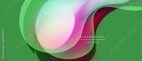 Abstract design features flowing shapes, vibrant colors. Green background complements pink, purple gradients. Modern aesthetic, clean lines present.