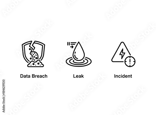 Data Breach Leak Incident Minimal Bold Line Icon Set