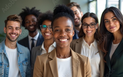 Diverse employees with African American leader posing for company photo. High quality