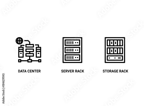 Data Center Server Rack Storage Rack Minimal Bold Line Icon Set