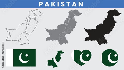 Islamic Republic of Pakistan Map and Flag Vector Set with Provinces Outline
