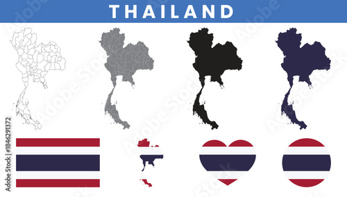 Kingdom of Thailand Map and Flag Vector Set