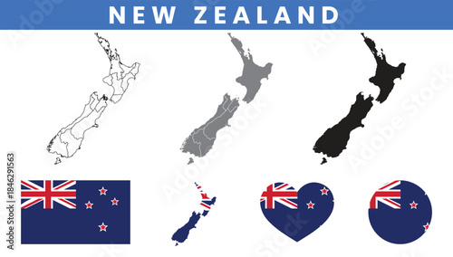 New Zealand Map and Flag Vector Set with Regional Outline