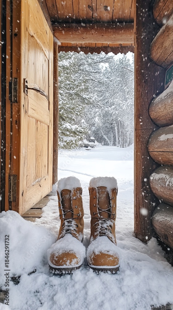 Fototapeta premium boots standing by cabin door in snow.