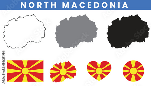 Republic of North Macedonia Map and Flag Vector Set with Municipalities Outline