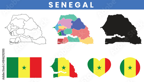 Republic of Senegal Map and Flag Vector Set with Regions Outline