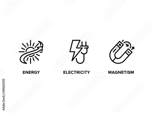 Energy Electricity Magnetism Minimal Bold Line Icon Set