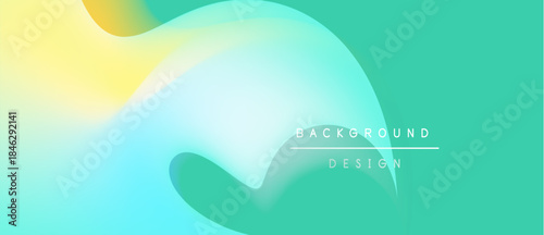 Abstract fluid shapes blend yellow, turquoise, green. Minimalist design features text background, design. Soft gradients create modern aesthetic.