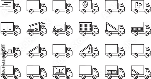 Collection of twenty minimalist outline icons depicting various types of trucks lorry delivery truck