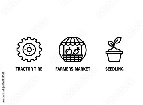 Farmers Market Tractor Tire Seedling Icon Set Minimal Bold Line