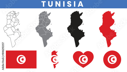 Republic of Tunisia Map and Flag Vector Set