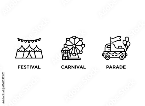 Festival Carnival Parade Icon Set Minimal Bold Line